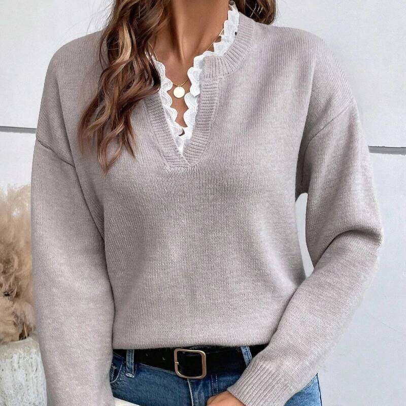 2025 Autumn and Winter Fashion New Women's Elegant Casual V-neck Lace Commuting Thick Warm Loose Sweater Pullover Z260313