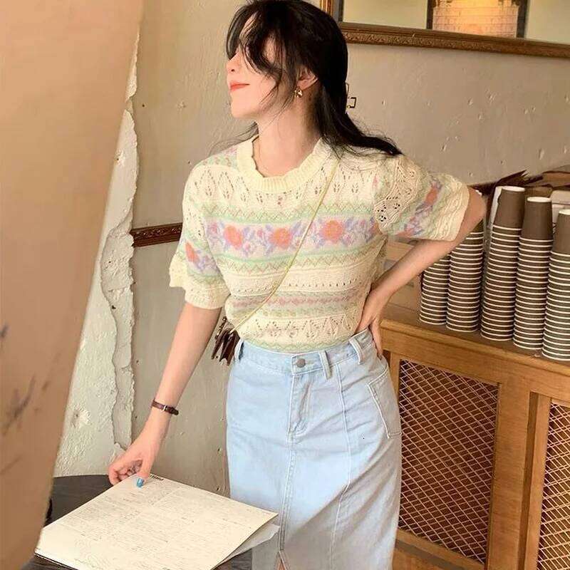 Women Short Sleeve Pullovers Knitting Hollow Out Printed Sweet Girls Soft Slender Korean Style Hipster Teenagers Lovely Popular Z260314