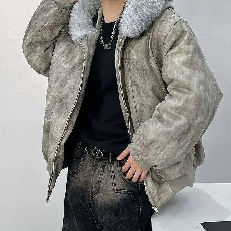 Y2K Cotton with fur collar eagle embroidered tie-dyeed winter men's design outdoor jacket thick and comfortable Z260313