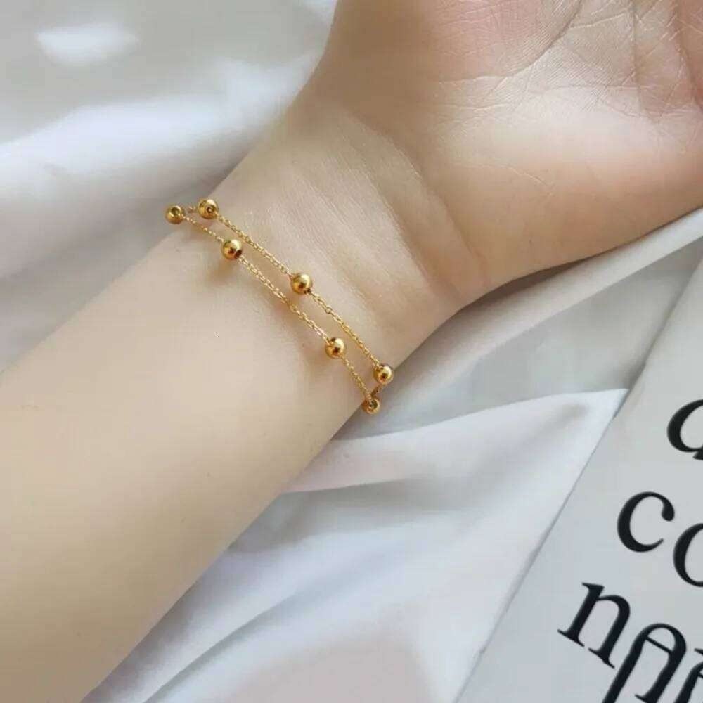 New Temperament Trendy Gold Color Stainless Steel Double Layer Round Bead Bracelet for Women Classic No Fading Bangle Jewelry Z260313