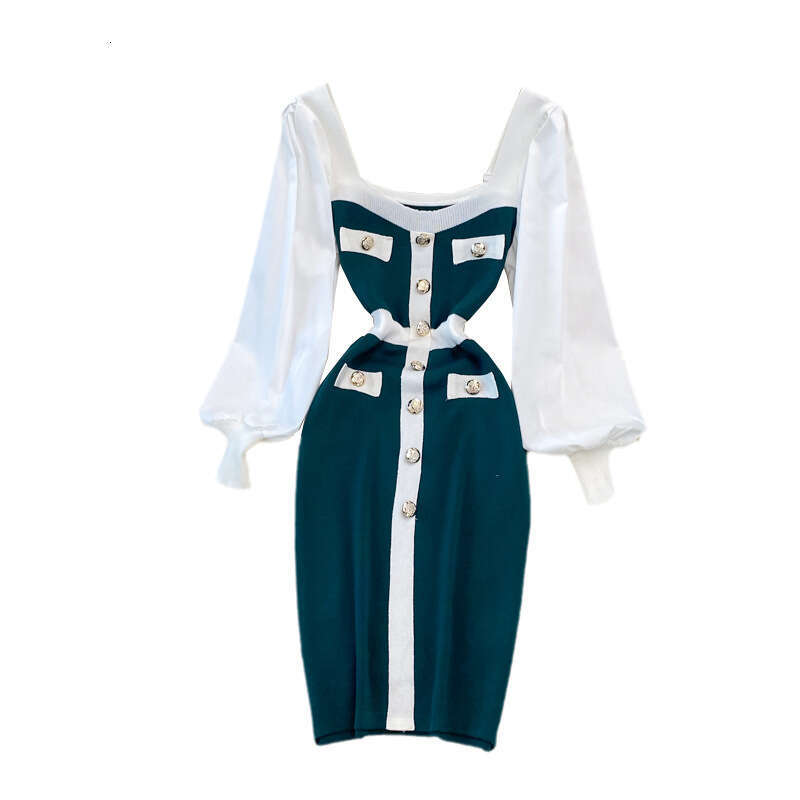 2026 French Retro Hepburn Style Waist Square Neck Knitted Long Dress Elegant Black and A13 White Splicing Tight Dress