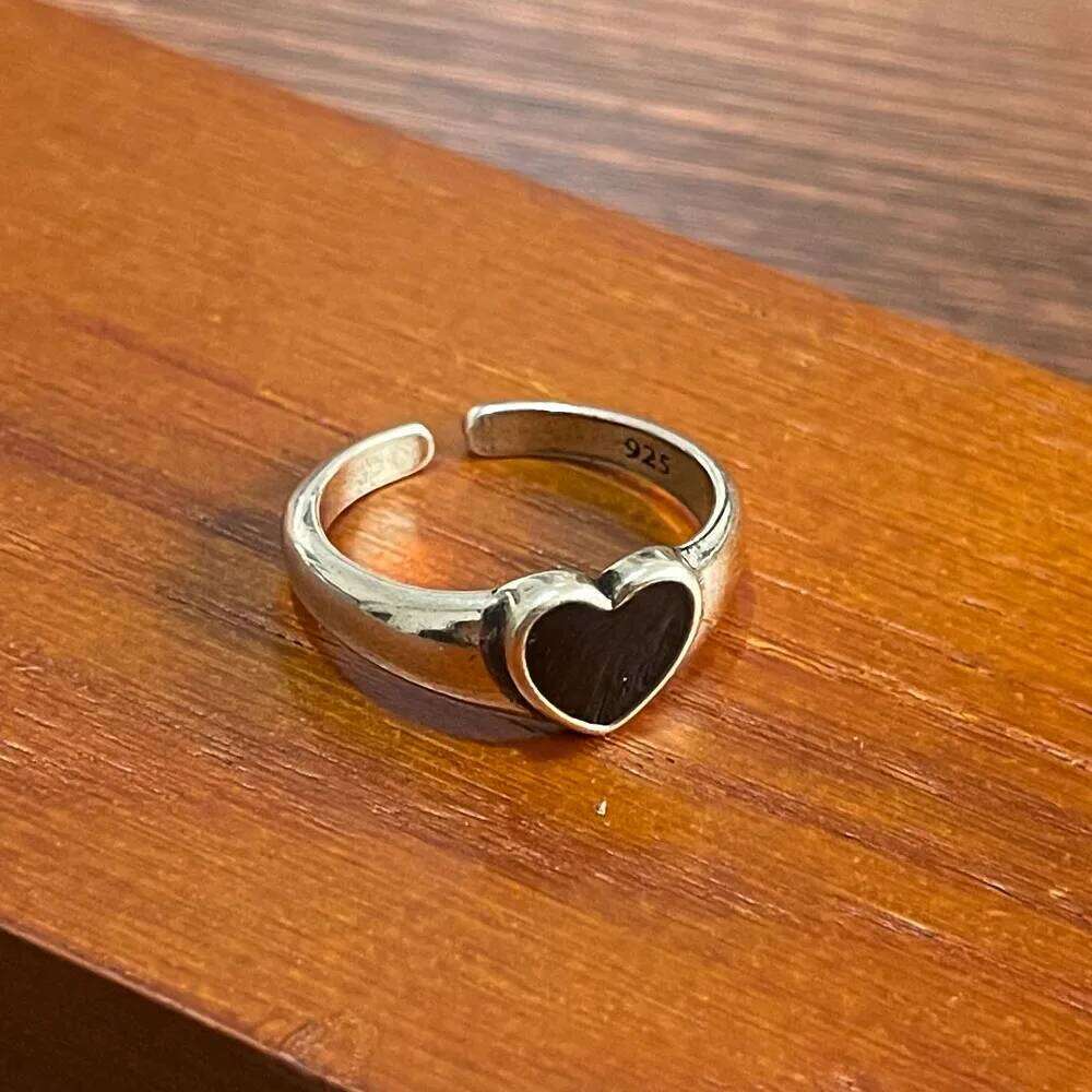 925 Sterling Silver Rings For Women Simple Vintage Handmade Adjustable Finger Black Heart Ring Fashion Band Female Bijoux Gift H260312