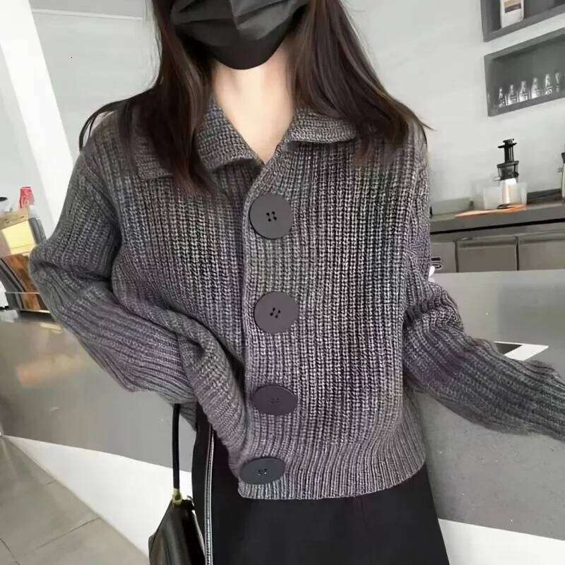 Thick needle cardigan polo lapel long sleeve sweater coat women's autumn and winter big buttons simple fashion top Z260313