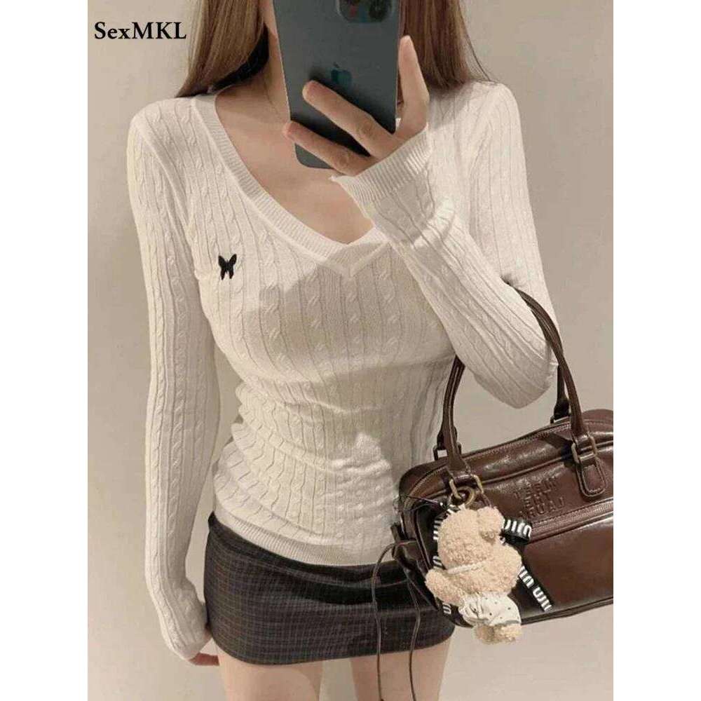Casual V Neck White Pullovers Women Sweaters Autumn Winter Basic Long Sleeve Y2k Clothes Korean Pink Grey Ladies Tops Jumpers Z260314