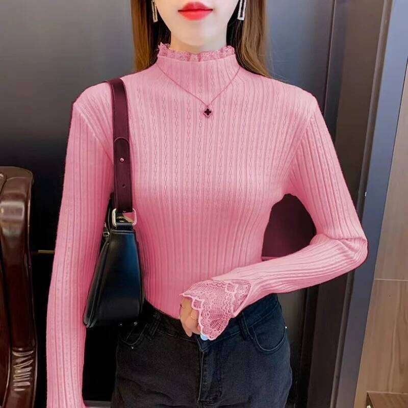Women Lace Solid Basic Knitted Tops Turtleneck Long Sleeve Slim Casual Pullovers Korean Fashion Chic Autumn Winter Warm Sweater Z260313