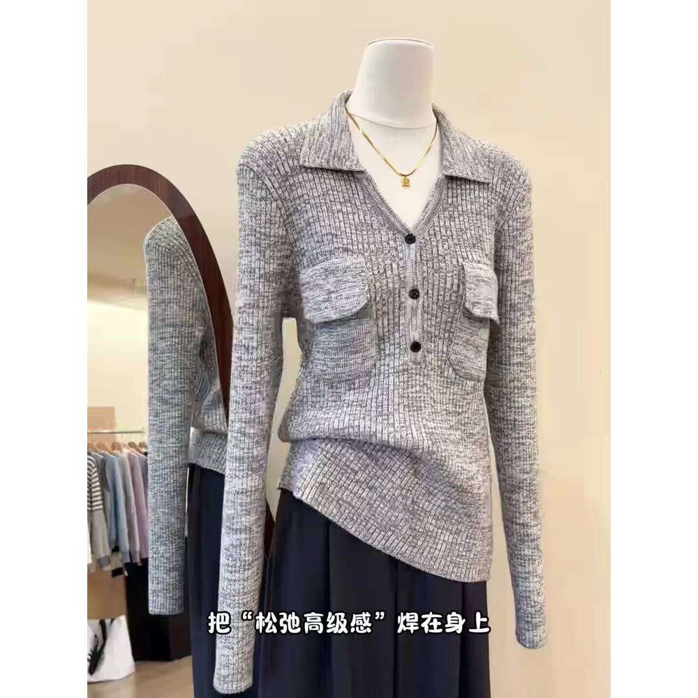 Women'S Polo Collar Long-Sleeved Knitted Base Layer Top Exudes A Sense Of Sophistication Z260313