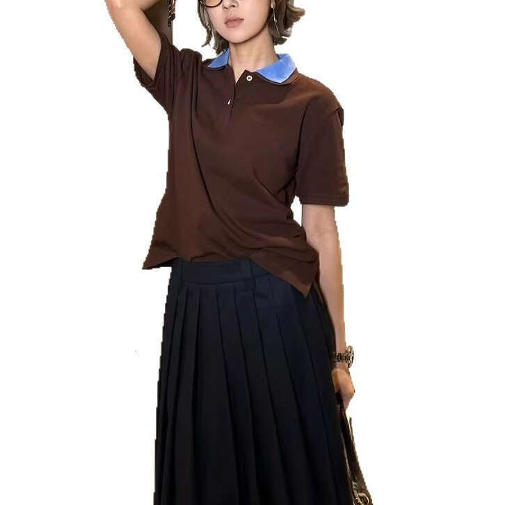 2026 Spring and Summer New Color blocked a24 Double layered Collar Simple Solid Color Loose Multi functional Women's Short sleeved T-shirt