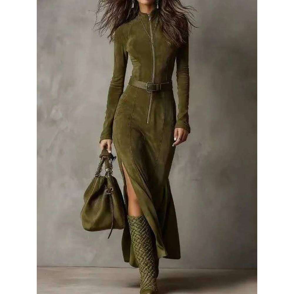 New Elegant Zipper Patchwork Maxi Women Autumn Long Sleeve Fashion Chic Party 2025 Sexy Slim Fit Ladies Lapel Dress Z260313