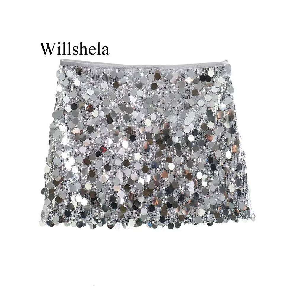 Willshela Women Fashion With Sequined Solid Side Zipper Mini Skirt Vintage High Waist Female Chic Lady Skirts Z260314