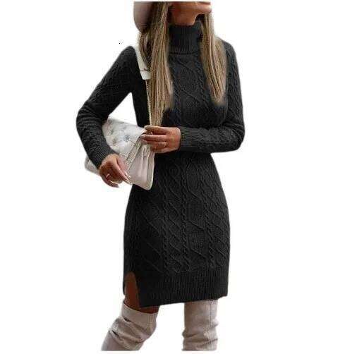 Basic Slim-Fit Long-Sleeved Pullover High Collared Fashion Solid Color Medium-Length Sweater Dress for Skirt Z260314