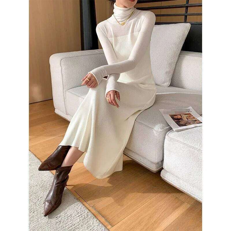 White Turtleneck Knitted Dress in Autumn Winter New Fit Slim Bottoming Hip-covering Long Skirt Z260314