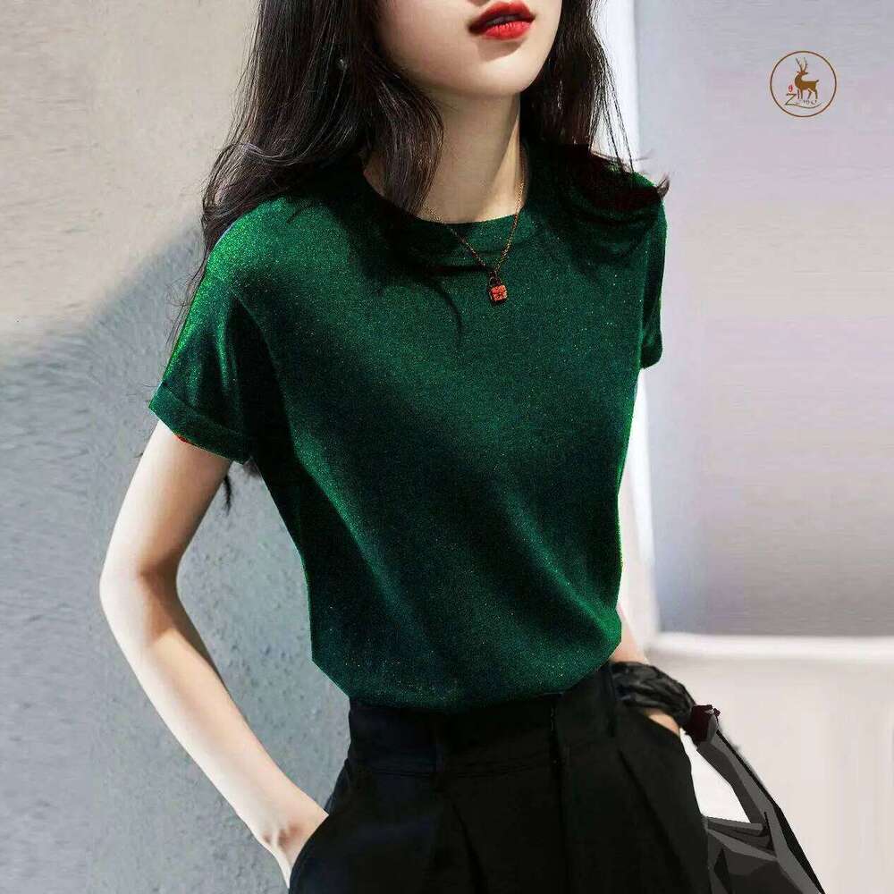Bright Knitted Women Ice Silk Short-sleeved Thin Fashionable and Versatile Loose Top Temperament Pullover Z260313