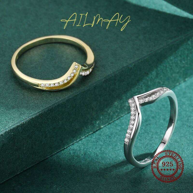 Ailmay Romantic V Shape High Quality CZ Ring Real 925 Sterling Silver Fashion Sparkling Finger Rings For Women Wedding Jewelry H260312