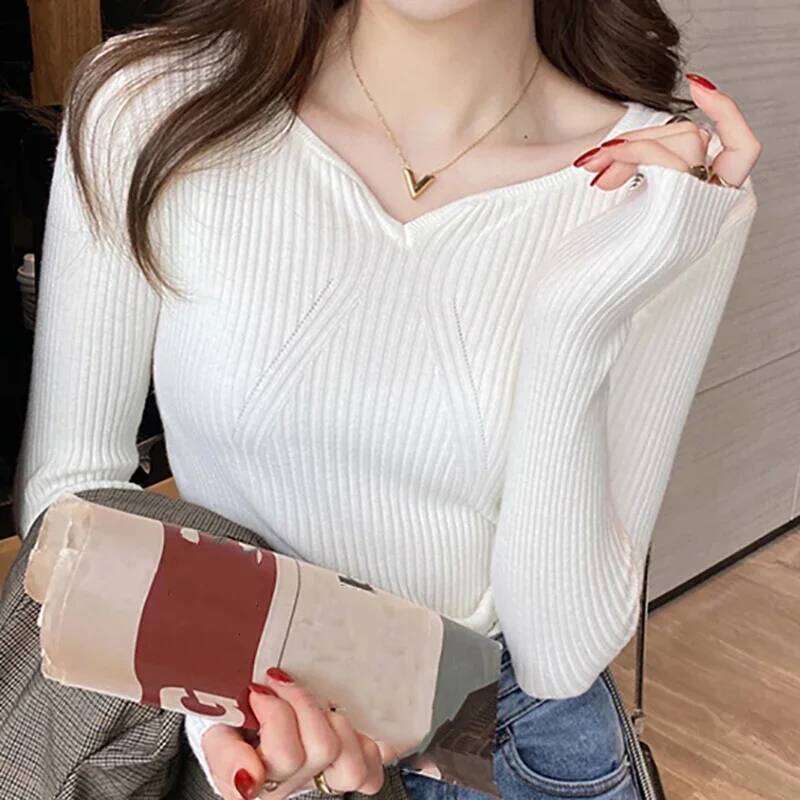 Rib Knit V-Neck Sweater for Women Pullovers Long Sleeve Fitted Top Ladies Plain Jumper Autumn Winter Cozy Basic Knitwear Z260313