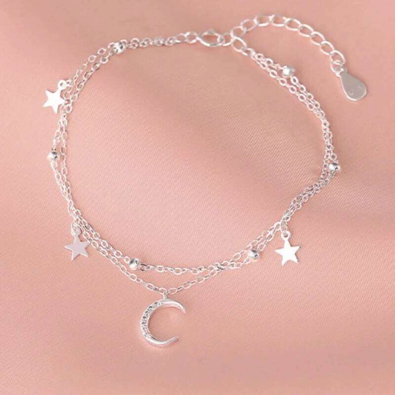 Sweet Temperament Sterling Silver Adjustable Star Moon Double-layer Bracelet for Women Summer Jewelry Accessories Gift Colorfast Z260313