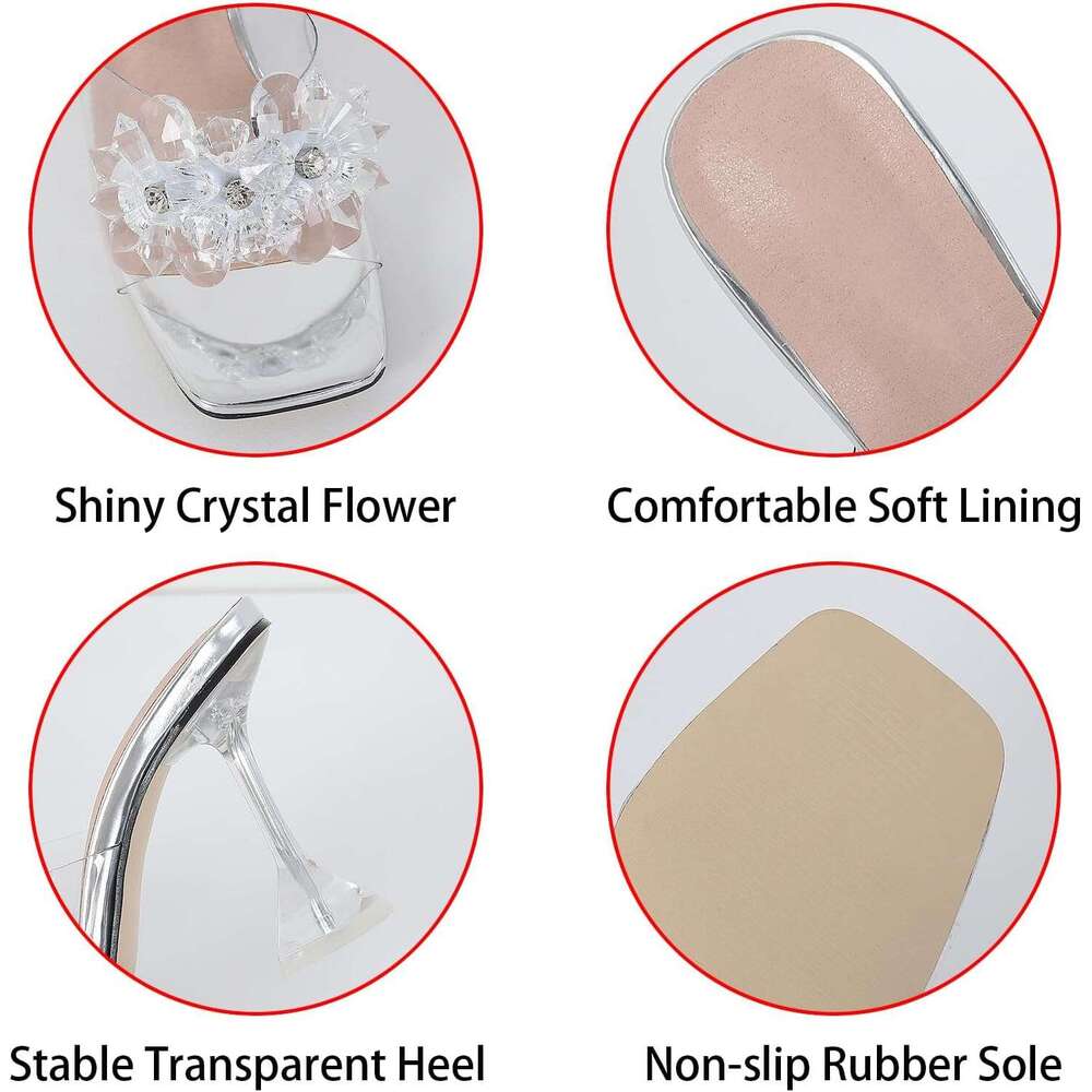 Women S Clear Flower Crystal Stiletto Fashion Comfortable Square Open Toe Summer Slip On Wine Glasses Heel Dress Slides Sandals For Formal Wedding Par