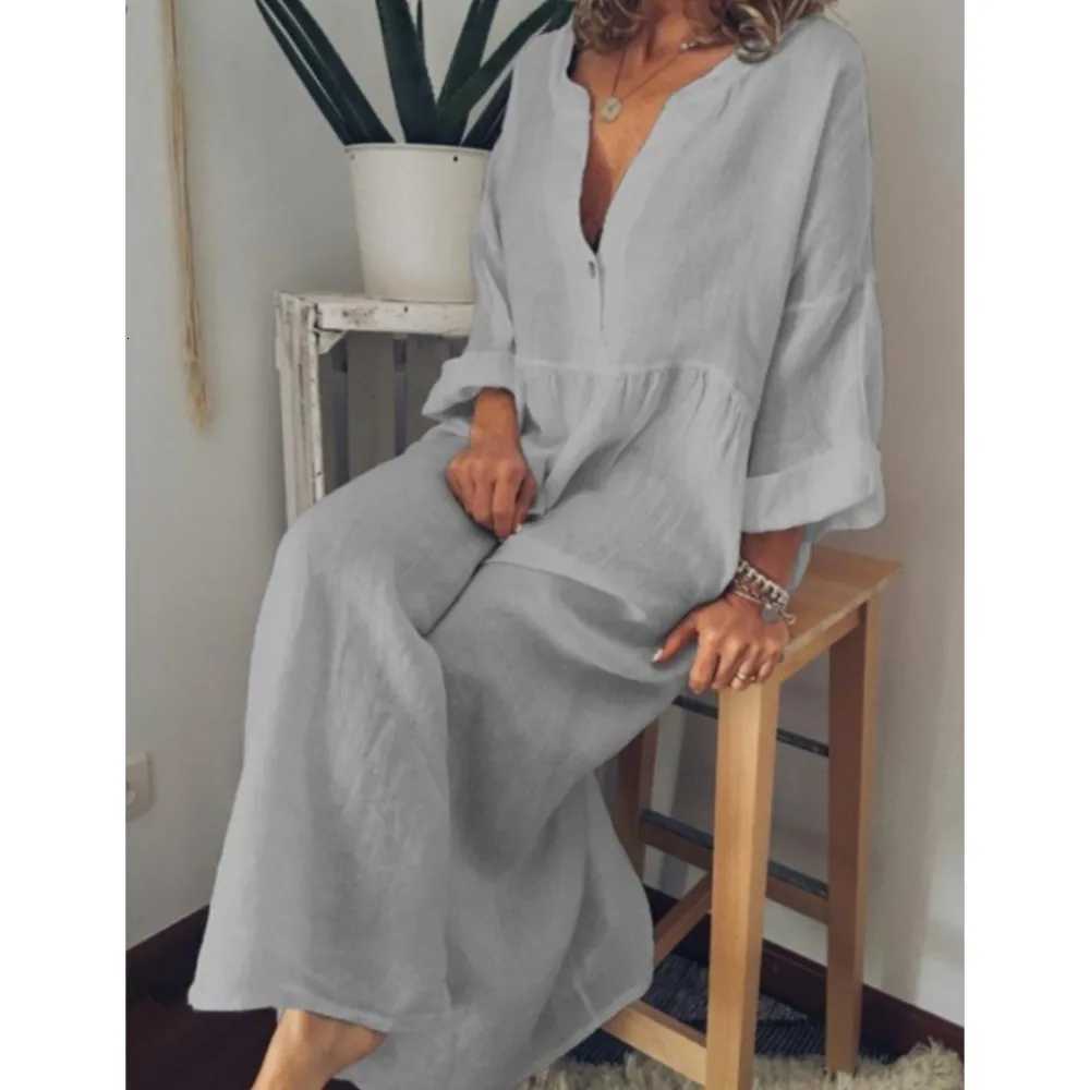 Loose Cotton Linen Womens Long dress Spring New Korean Version Loose Casual Solid Color Long Sleeved Button Up DressT260314