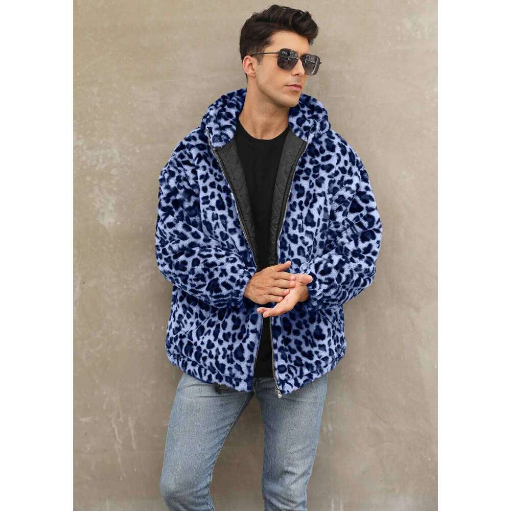 Autumn Winter New Fashion Men's Leopard Casual Trendy Daily Loose Simple Basic Zipper Hooded Faux Fur Coats Male Clothes Tops Z260313