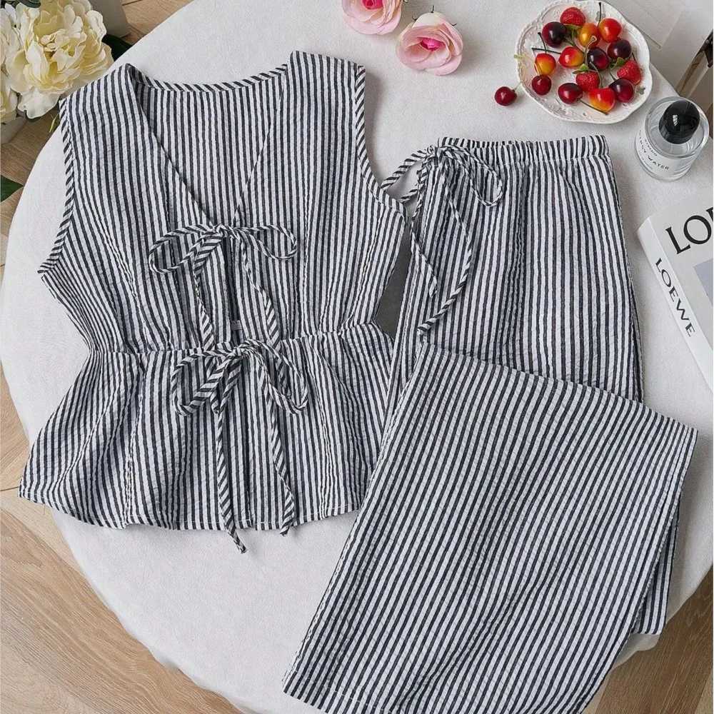 Striped New Two Piece Set Summer V Neck Lace Up Sleeveless Blouse High Waist Wide Leg Pants Sets Casual Solid Women Sets M260313