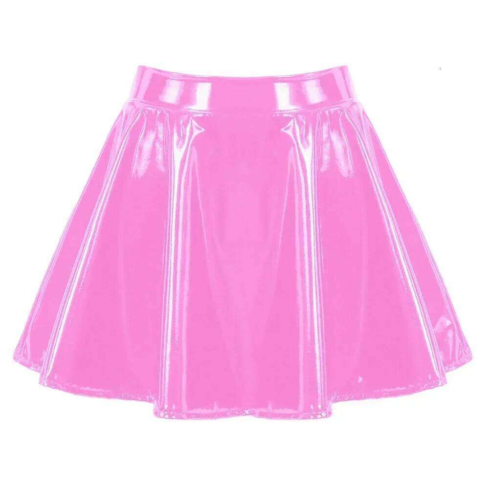 Femal Glossy Short Pleated Skirts Patent Leather Oily Shiny soft Miniskirt Dance A-Line Solid Color Skirt Erotic Clubwear Z260314