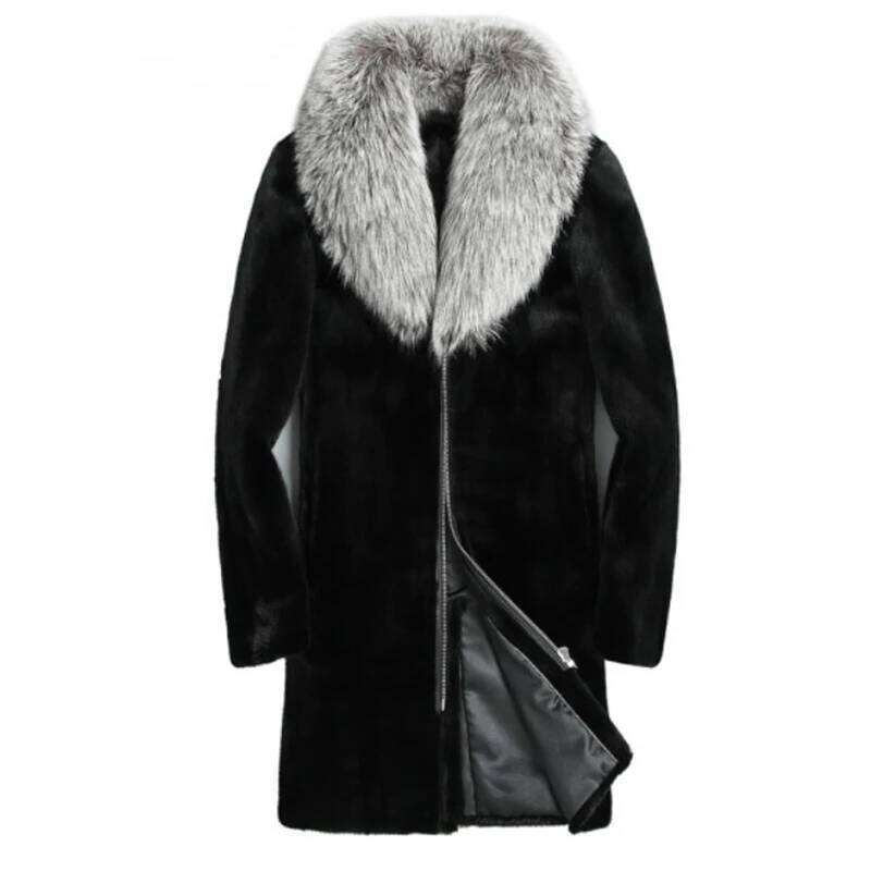 Men's mink coat extra long oversized silver fox fur collar casual warm jacket Z260313