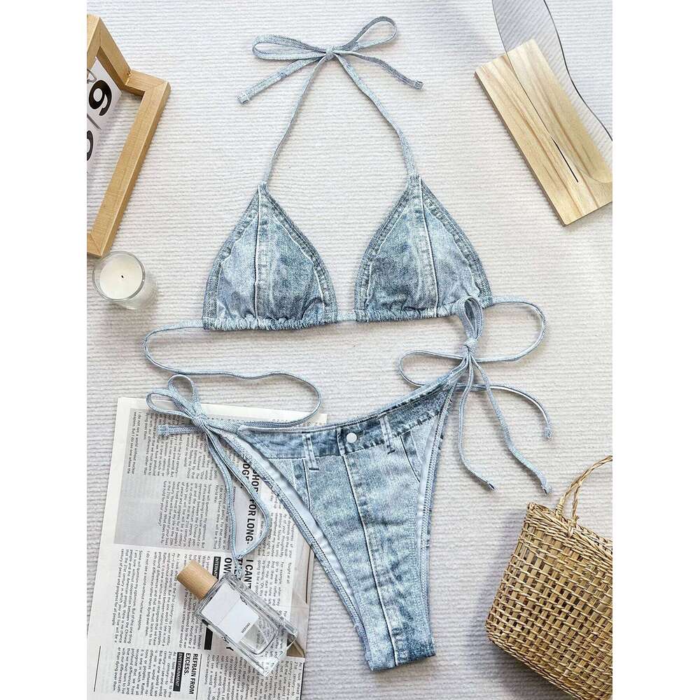 Sexy Denim Print Bikinis Woman Summer 2026 Push Up Bikini Set Two Piece Swimwear Thong Swimsuits Bathing Suit Beachwear Y260303