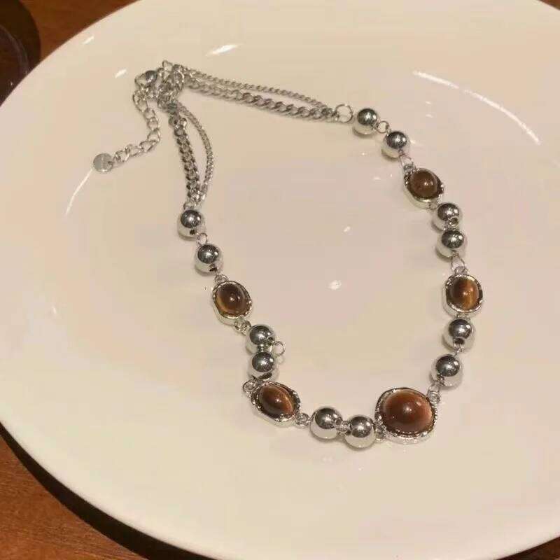 Fashion Brown Bead Vintage Beaded Necklace for Women Girls Clavicle Aesthetic Jewelry Sweater Chain Metal y2k Accessories H260312