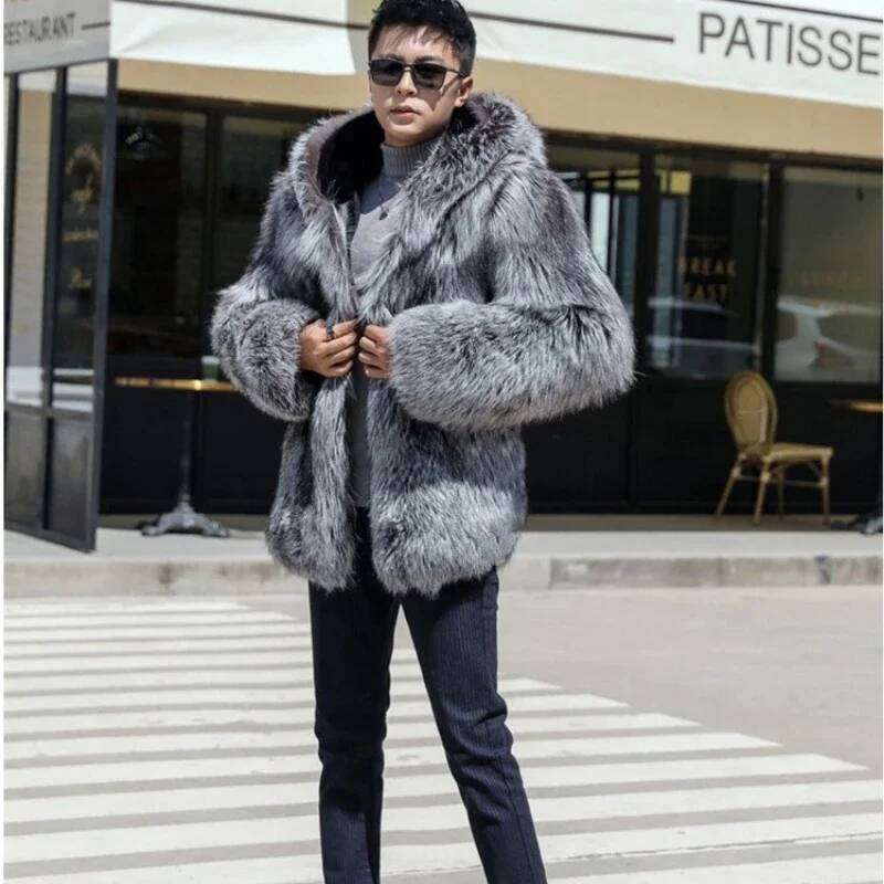 Luxury Brand Men Winter Warm Hooded Faux Fox Men's Mink Fur Coat High-end Thick Jacket Windproof Snowwear High Quality Z260313