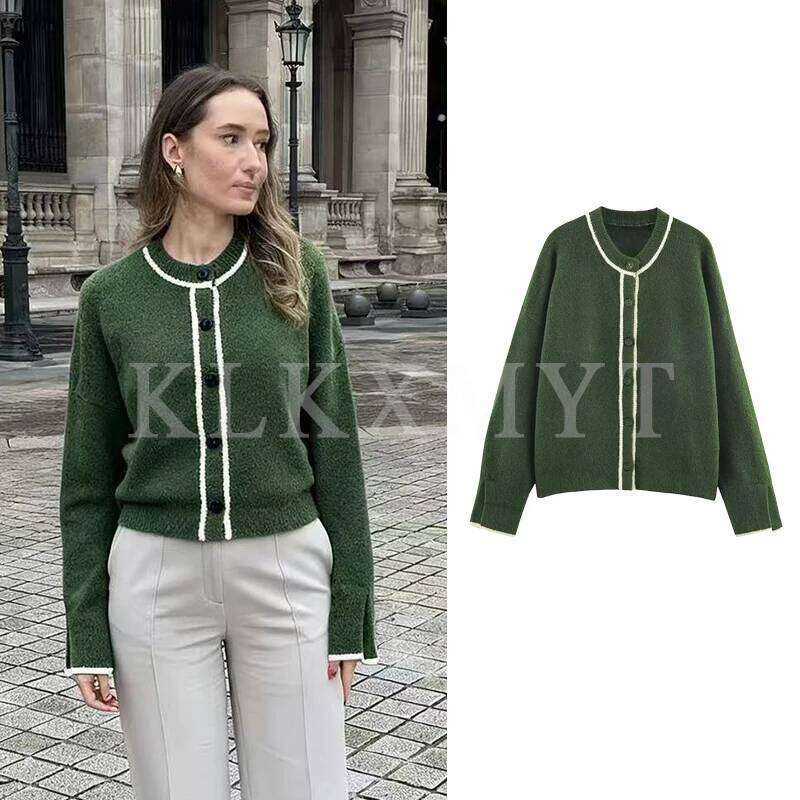 2025 Fashion Contrast Striped Long Sleeve Button Cardigan Women Hight Street Elegant Knitted Jacket Z260313