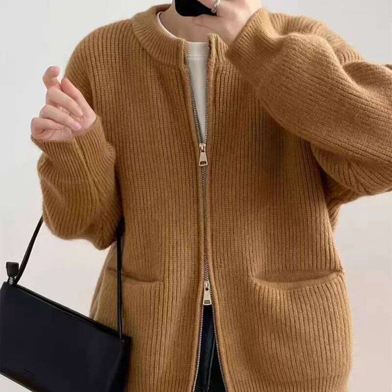 Women's Sweater Jacket Autumn Winter Retro Solid Color Double Zipper Knitted Cardigan Loose O Neck Oversized Sweaters for Women Z260314