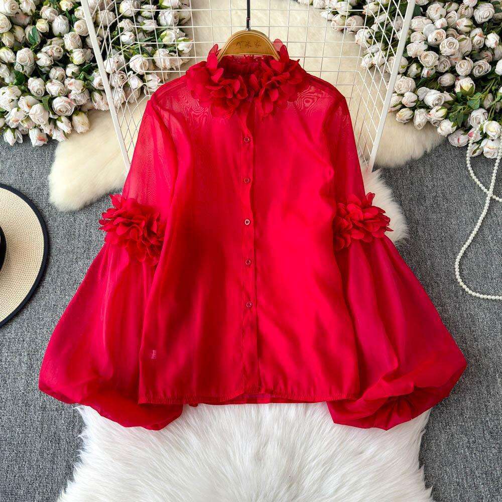 2026 designer French women's unique three-dimensional flower lantern sleeves, youthful and versatile solid color chiffon long sleeved shirt