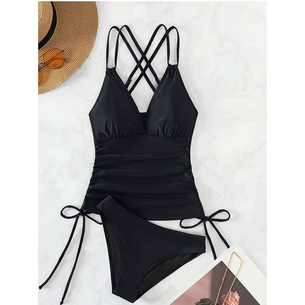 Strappy Drawstring Tankini 2026 Black Swimsuit Women Two Pieces Triangle Swimwear Female Bathing Swimming Suit Padded Beachwear 26H0313