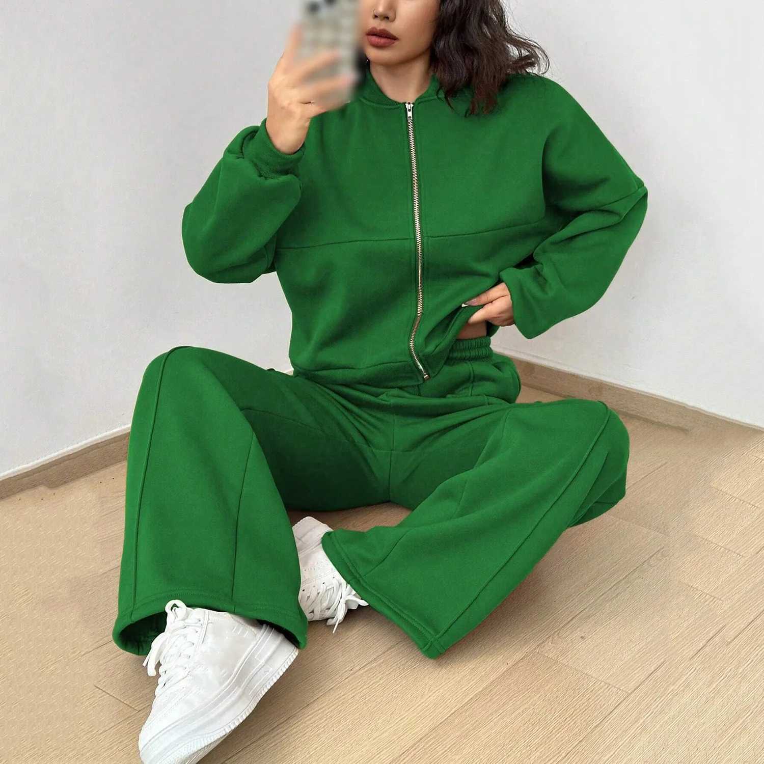 2026 New Spring Womens Zip Up Bomber Jacket and Drawstring Flared Pants Suit Fashion Casual Cozy Daily Sporty Simple Style Sets M260313