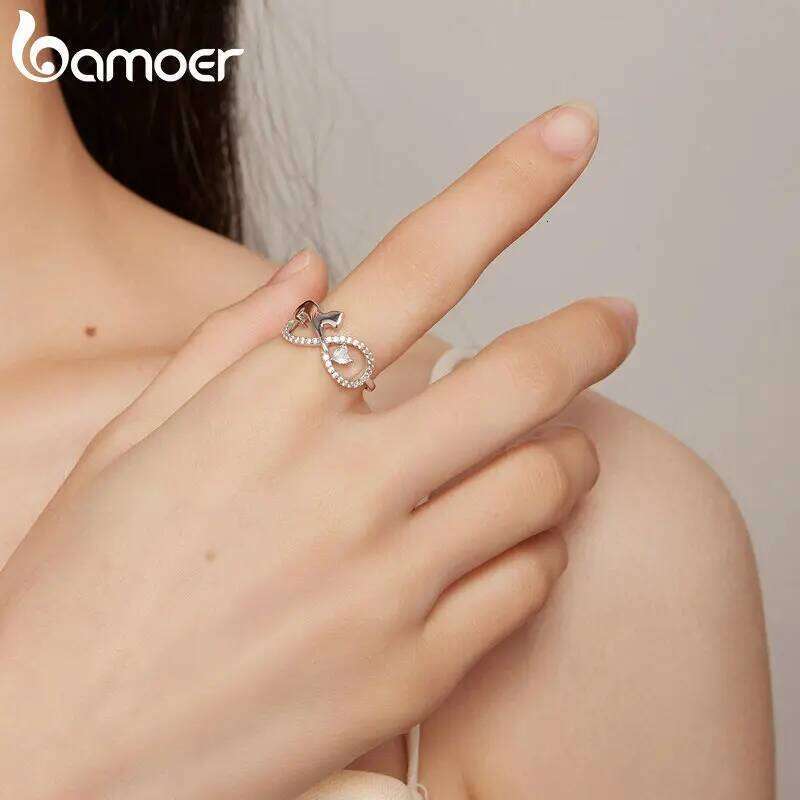 Bamoer 925 Sterling Silver Cute Cat Finger Infinite Symbol Ring for Women Birthday Gift Pave Setting CZ Fine Jewelry SCR918 H260312