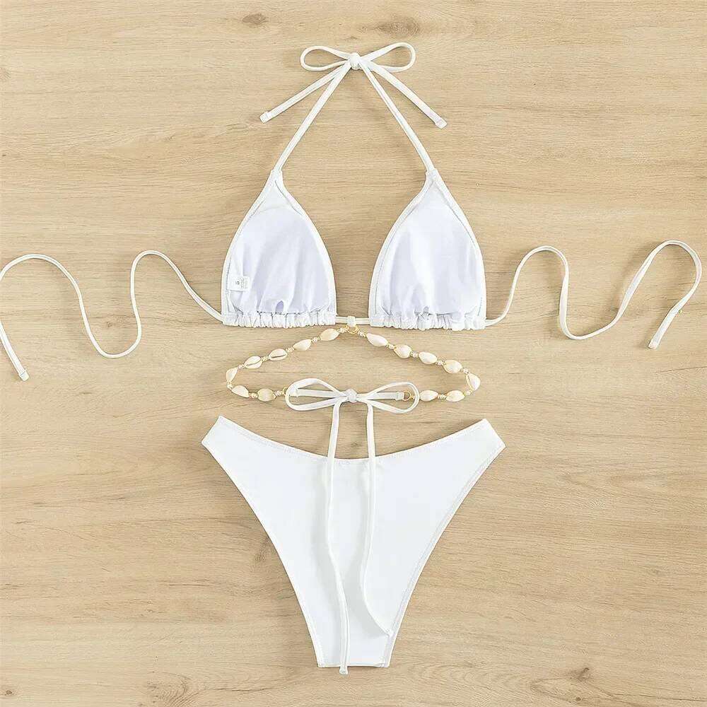 Sexy White Shell String Halter Triangle Bikini Set Women Swimwear Micro Thong Swimsuit Bathing Suit Mini Bikinis 2025 Mujer Swim Y260303