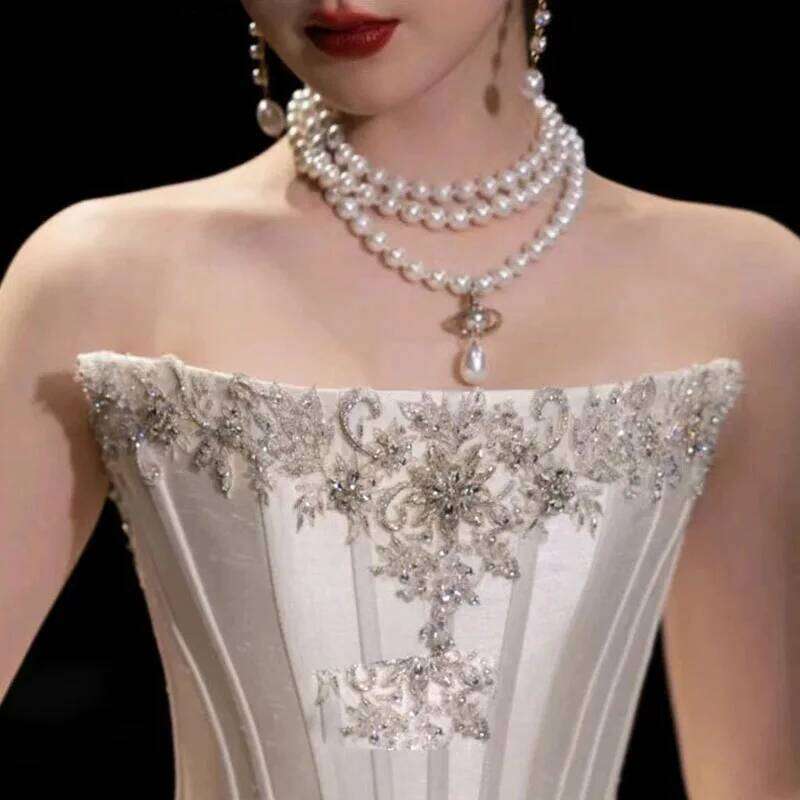 Classic Three Layers Round Pearls Beaded Collar Choker For Women Girls Irregular Water Drop Pearl Pendant Necklace Gift H260312