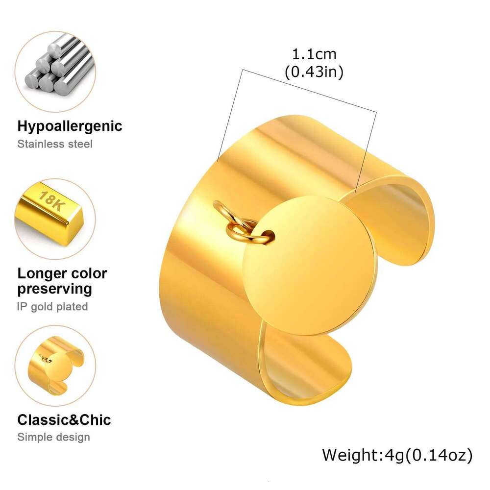 Minimalist Stainless Steel Open Ring with Round Pendant, 18K Gold Plated Charm Wide Ring, High Quality Jewelry for Women H260312