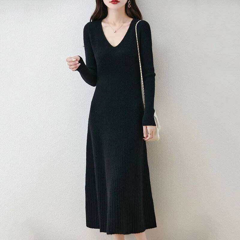 Solid Color Basic Sweater Dresses Women Casual All-Match V-Neck Sleeves Knitted Lady Soft Fit-Flare A-Line Long Dress Z260314