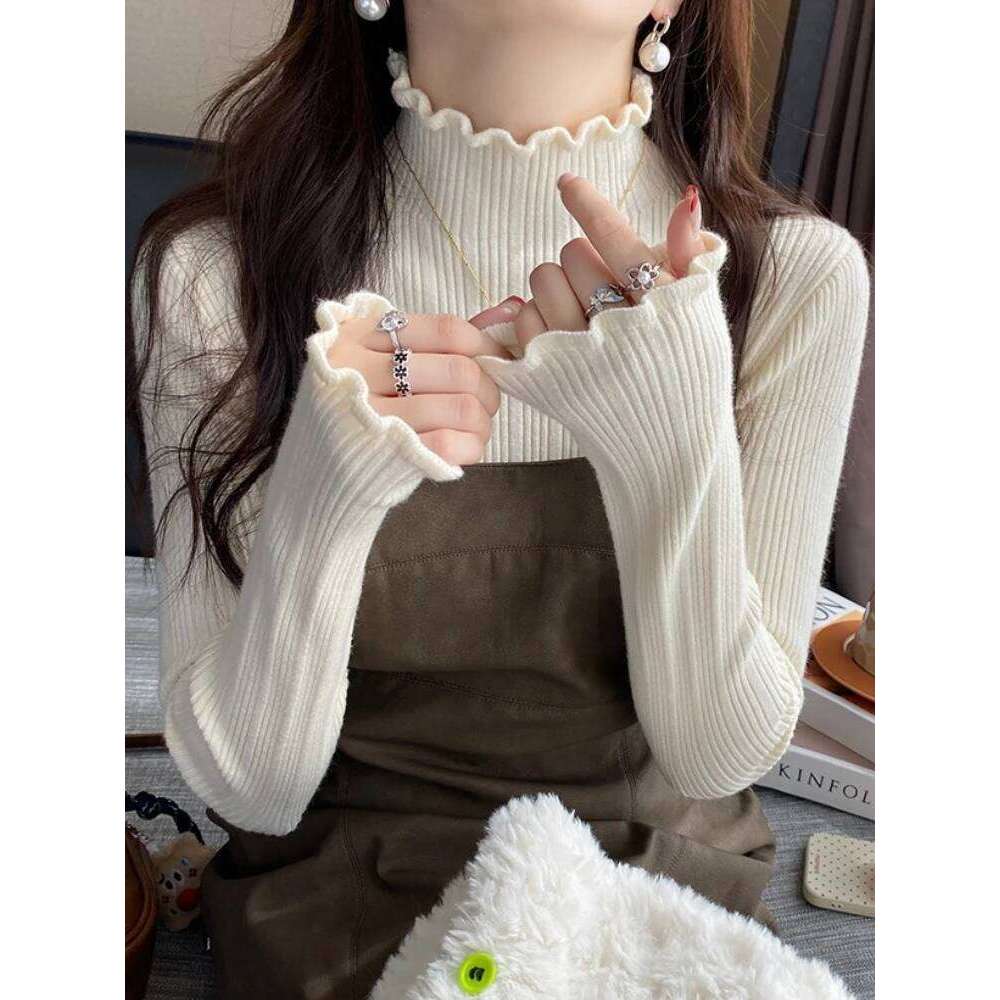 Autumn Winter Turtleneck Knitted Pullovers 2025 Women Long Sleeve Soft Tops Casual Versatile Ruched Sweater Slim Base Layer Top Z260313