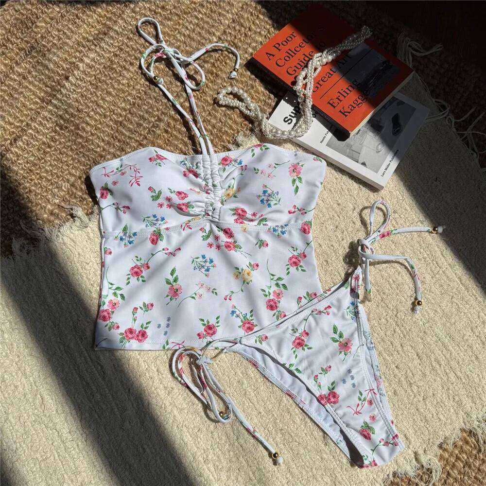 Pink Flower Print Halter Drawstring Tops Bikinis Sets Sexy Swimsuit Women Holiday Swimwear 2025 Bathing Suit Biquinis Bikini Y260303