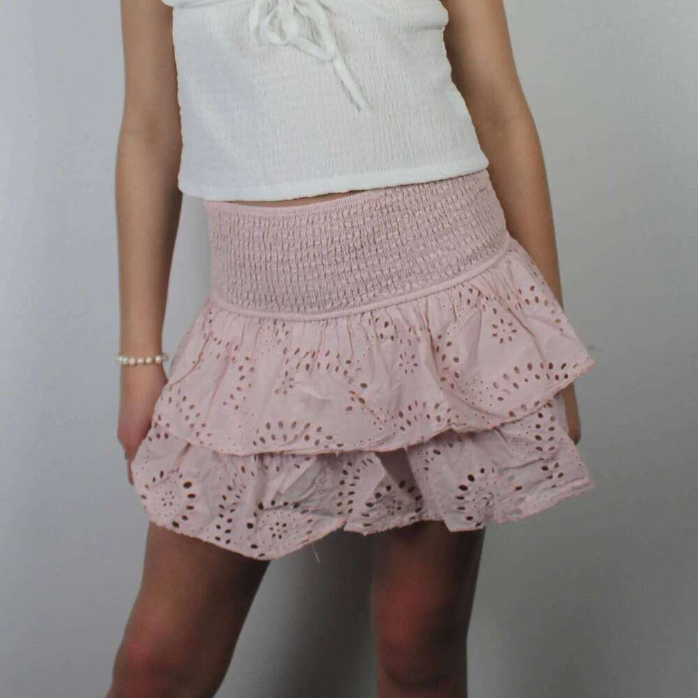Women A-Line Pointelle High Waist Layered Ruffle Shirred Mini Skirt Summer Solid Color Sweet Skirts Black/White/Pink Z260314