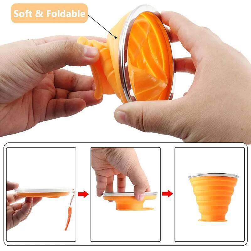 Silicone Collapsible Travel Portable Folding Camping Cup Sets with Lids, Blue & Orange Z260313