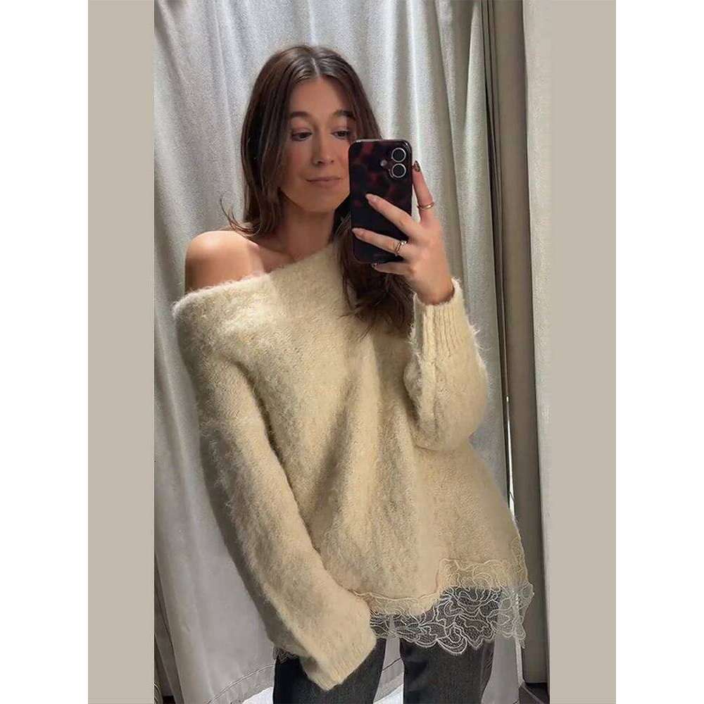 Lace Patchwork Knitted Pullover Women Stylish Full Sleeve Slanted Collar Irregular Hem Loose Pullovers Lady Spring Autumn Wear Z260313