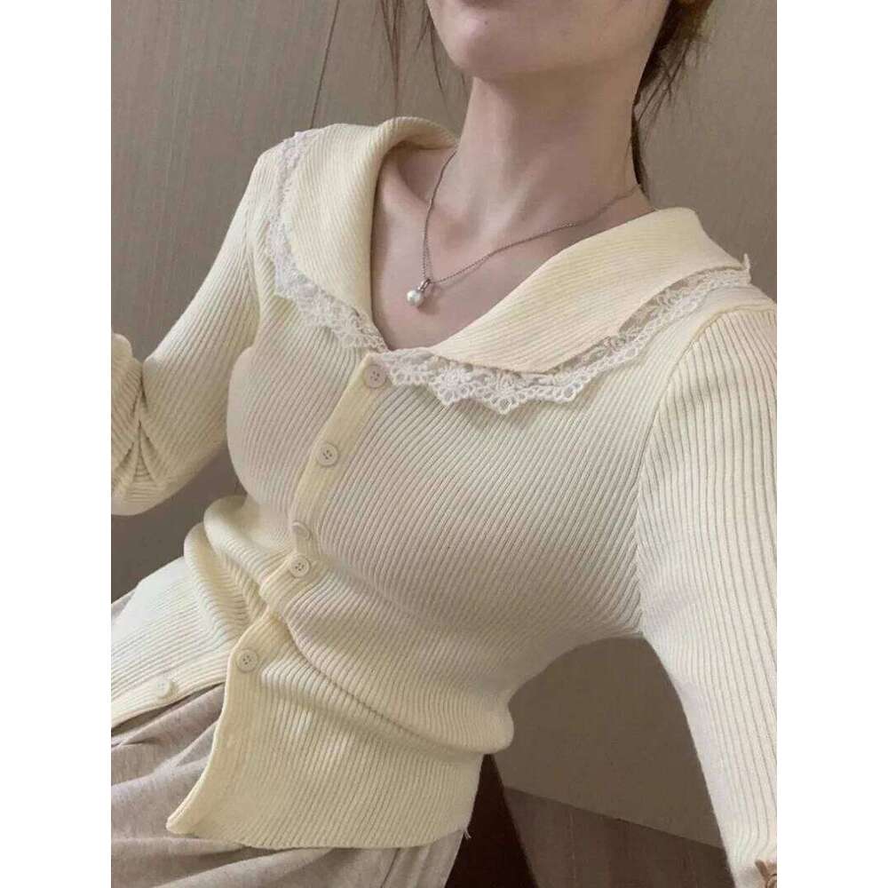 Cardigan Women Peter Pan Collar Korean Fashion Knitted Lace Patchwork All-match Inner Autumn Daily Cozy Temperament Top Ulzzang Z260313