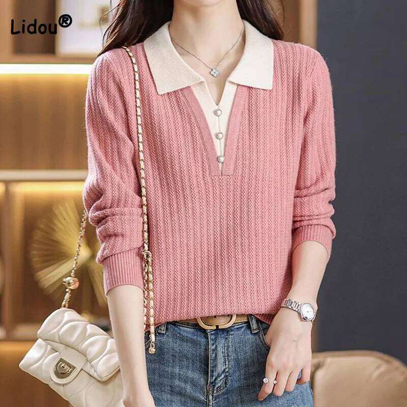 Autumn Winter Fashion Polo-Neck Knitted Pullovers Women's Clothing Elegant Simplicity Solid Fake Two Pieces Sweaters for Female Z260313