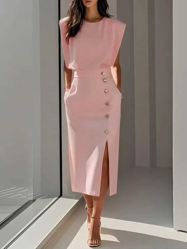 Fashion Womens Tank Dress Elegant Single Breasted Solid Casual Trend Pockets Straight Midi Dress for Women 2025T260314