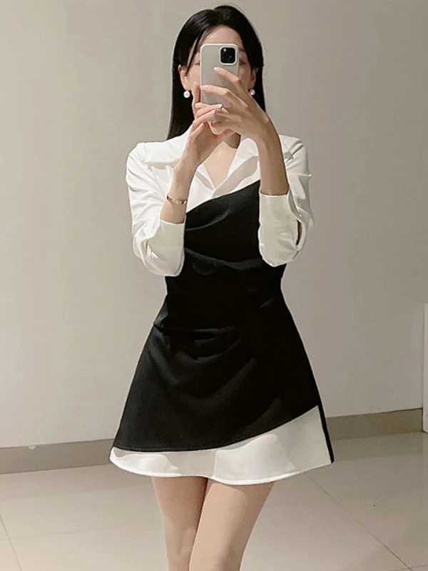 Design Sensation ort Splice Womens Dr Slimming High Waist Korean Sle Commute Long Sve irt Collar Ci WearT260314