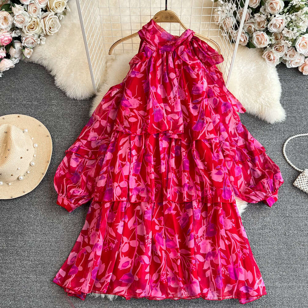 Designer Women's French Tea Break Seaside Vacation Beach Skirt Sweet Backless Collar Off Shoulder Loose a18 A-line Chiffon Dress