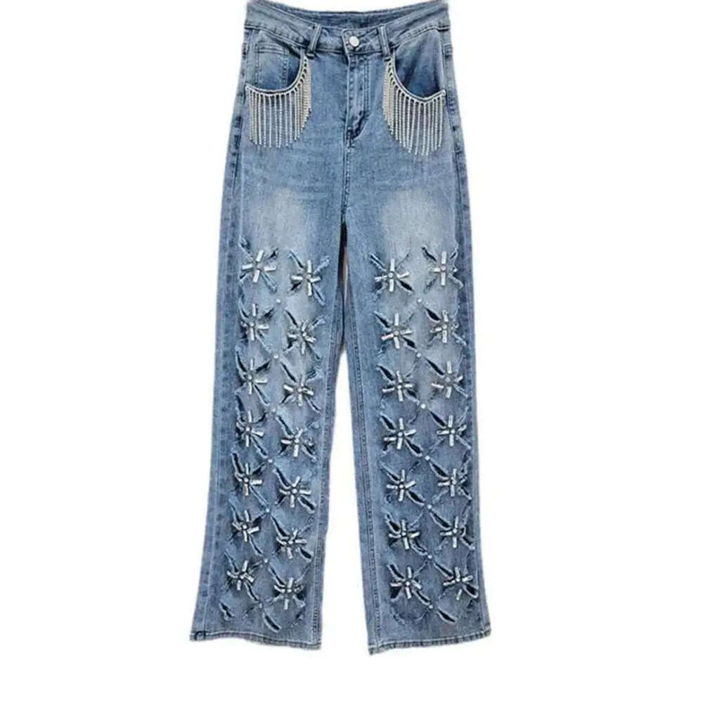 DEAT Women's Denim Pants Broken Holes s Tassel Design Female Blue Straight Long Jeans 2025 Summer New Fashion 29L8046 Z260313