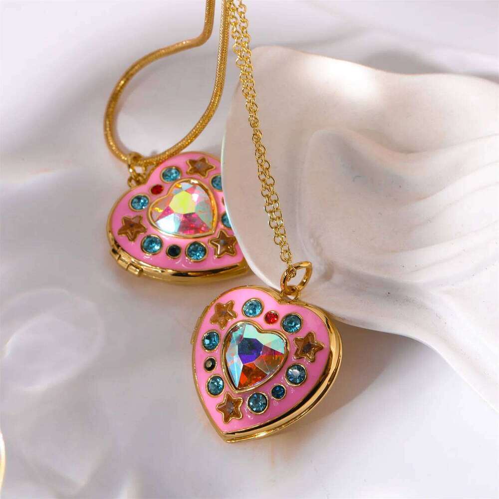 Pink Drip Glaze Heart-shaped Star Photo Locket Necklace Colorful Crystal Openable Pendant Necklaces Women Memorial Jewelry Gifts H260312